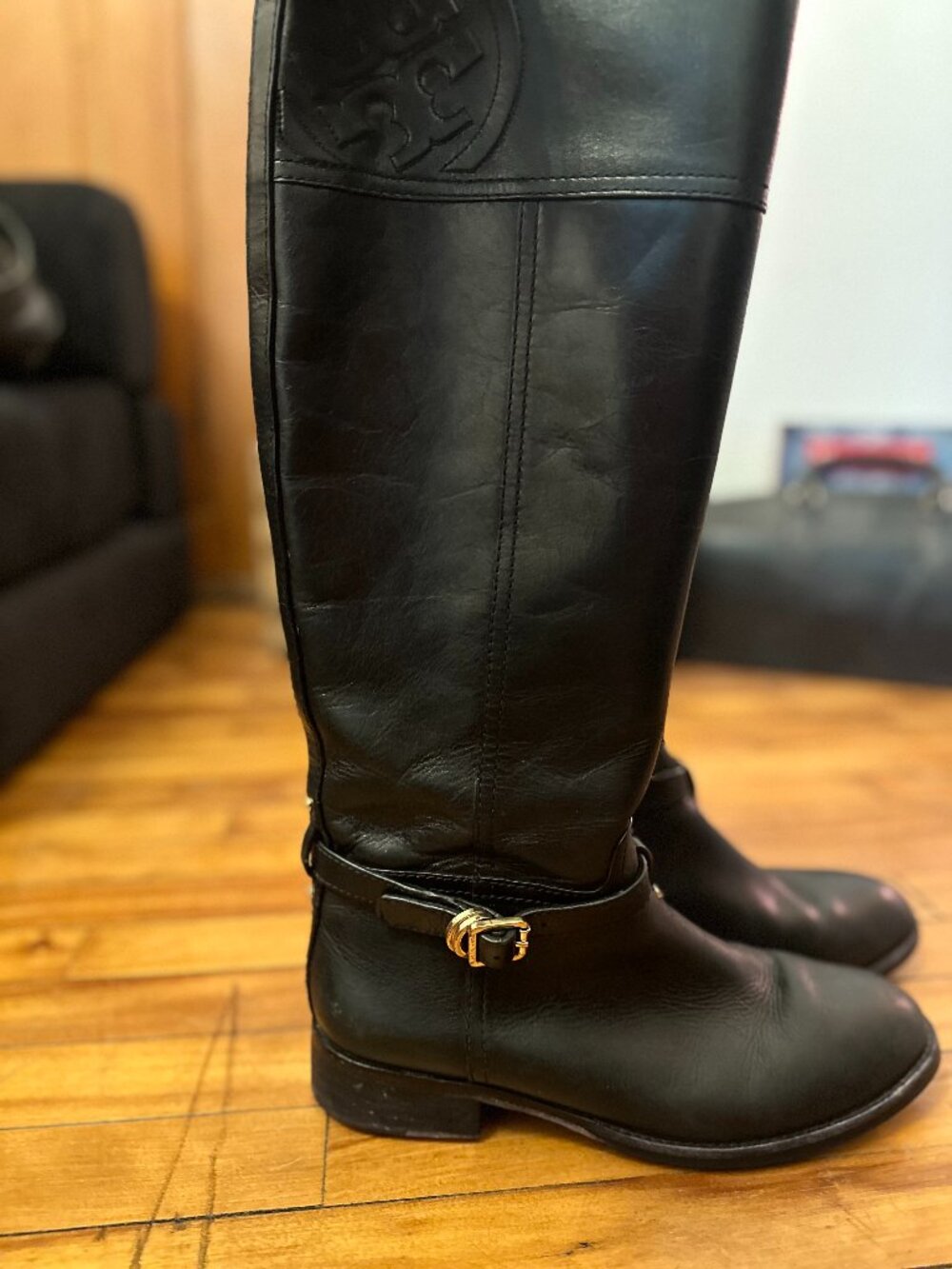 Tory Burch Marlene Black Leather Riding Boots Logo Buckle - Size 8